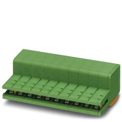 Connecteur électrique vert avec plusieurs points de connexion, vue de face. Adapté aux applications industrielles ou électroniques.