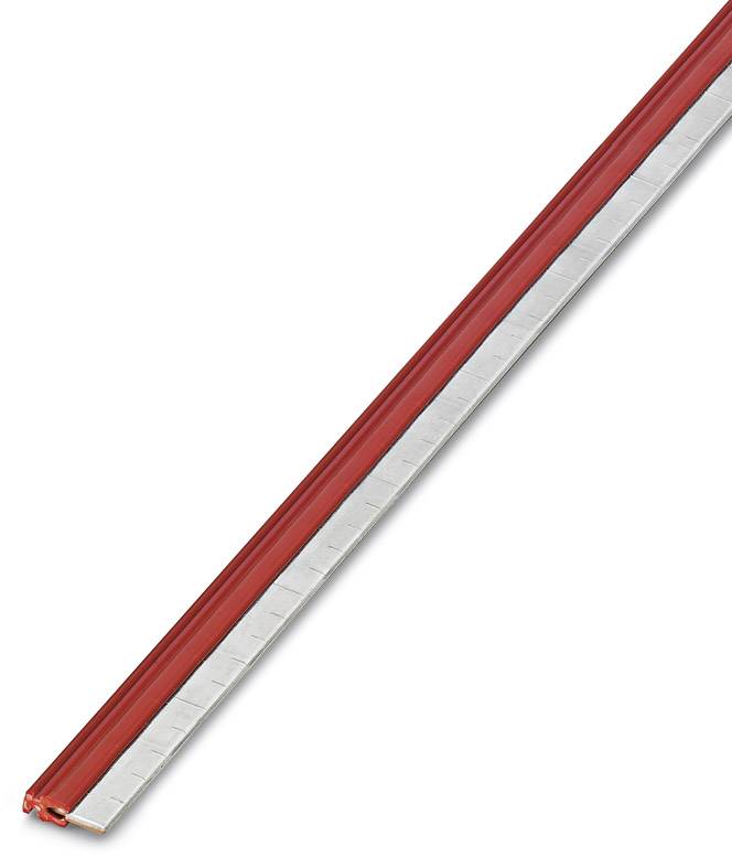 Une règle rouge avec des marquages argentés.