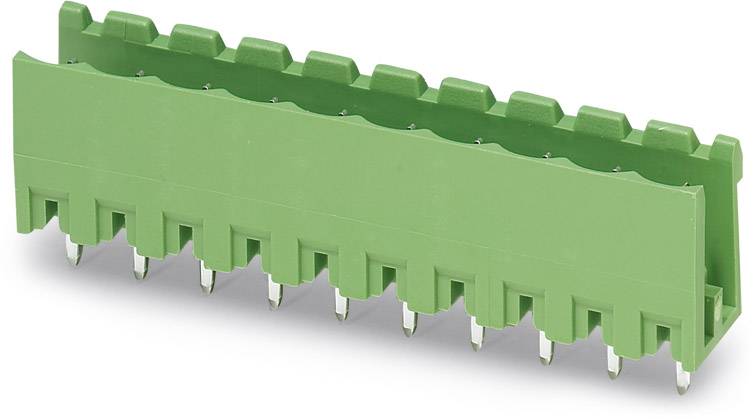 Bloc de connexion vert à deux rangées avec dix emplacements et contacts de broches métalliques, utilisé pour les connexions électriques.