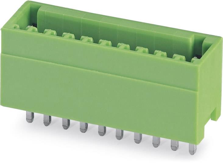 Un connecteur rectangulaire vert avec plusieurs broches métalliques dépassant par le bas, adapté aux circuits électroniques.