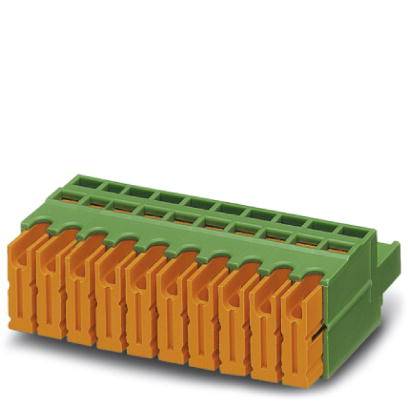 Connecteur vert avec des bornes oranges, adapté pour les connexions électriques. Vue horizontale montrant le détail des contacts.