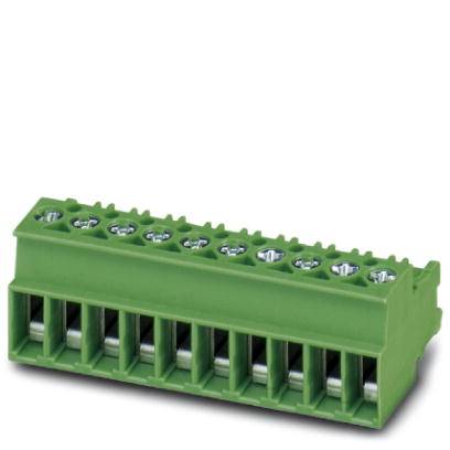 Barrette électrique verte avec neuf bornes de connexion, utilisée pour raccorder des fils, sur un fond clair.