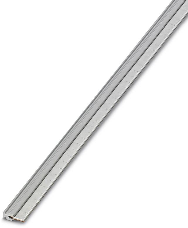 Un profilé en aluminium argenté, de forme longue et droite, avec des encoches latérales. Adapté pour les constructions mécaniques.
