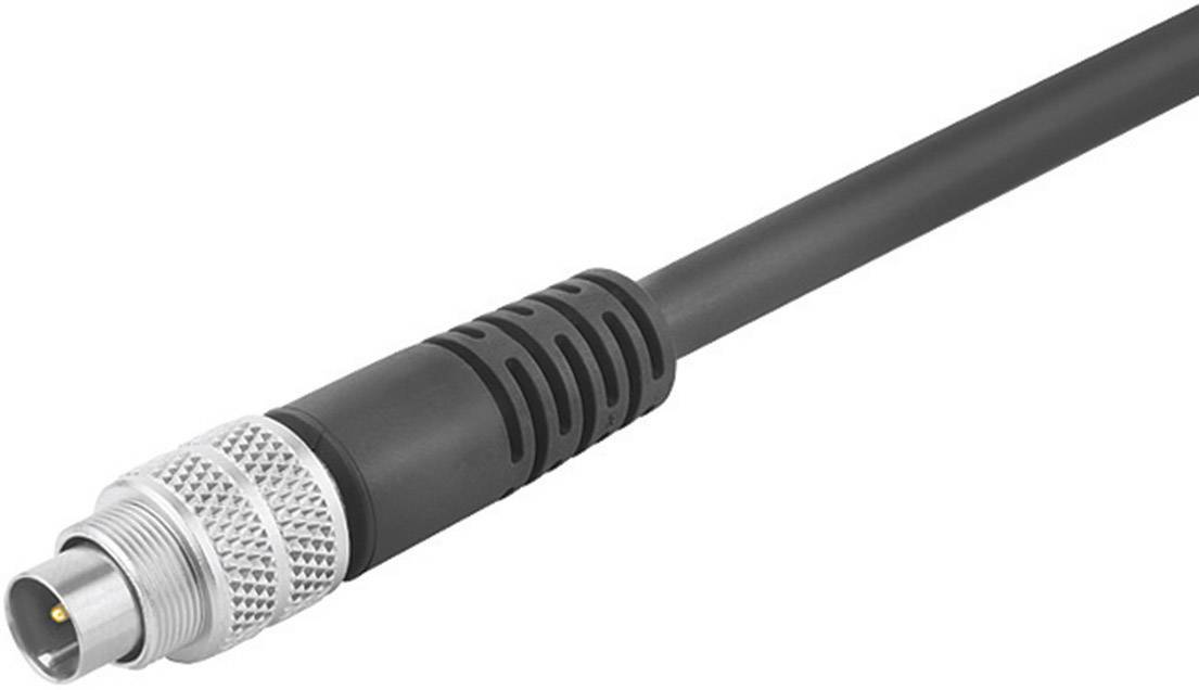 Un câble noir M12 avec un connecteur cylindrique en métal et en plastique.