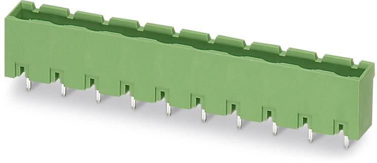 Connecteur rectangulaire vert, multipolaire, avec broches pour montage sur circuit imprimé. Adapté pour les connexions électroniques.