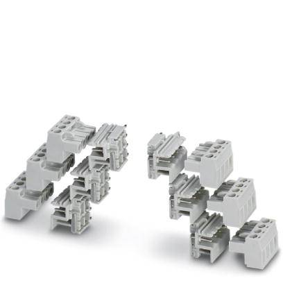 Plusieurs connecteurs modulaires gris pour le montage, disposés en deux rangées, utilisés pour les connexions électriques.