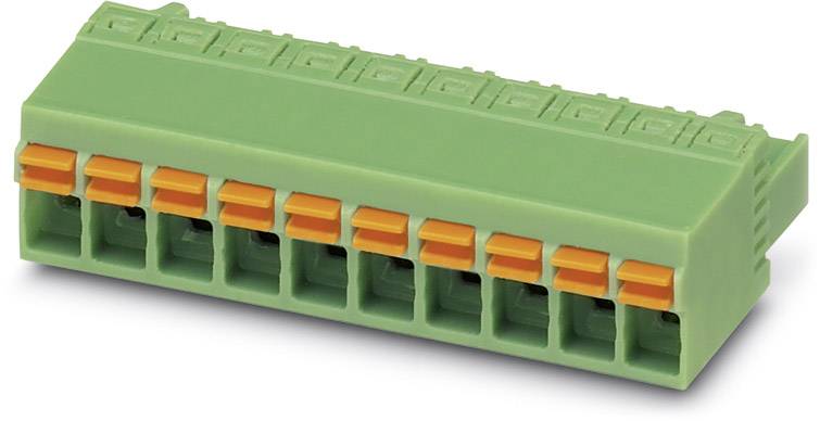 Connecteur vert avec des bornes oranges, adapté pour les circuits électroniques.