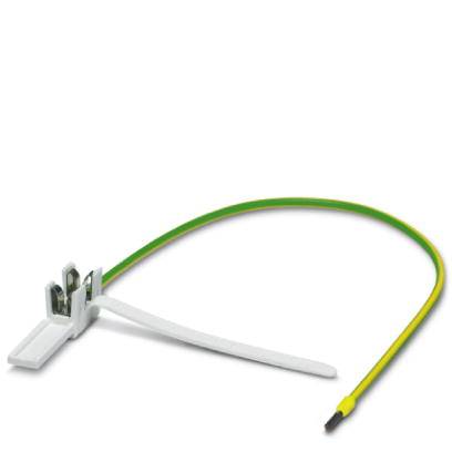 Un support de câble blanc avec un câble de terre jaune et vert, montrant un fil dénudé.