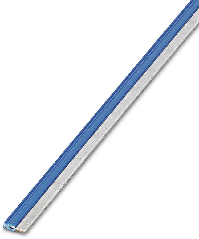Une règle bleue et argentée en vue diagonale, montrant des marquages en centimètres et en millimètres pour mesurer la longueur.