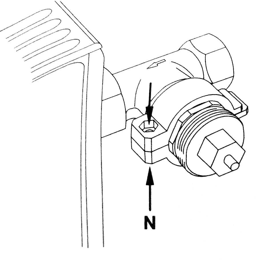 Vanne thermostatique sur un radiateur avec une flèche indiquant le sens de l'écoulement de l'eau ; point marqué 'N' représentant la plage de réglage zéro.