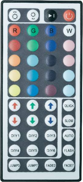Télécommande avec touches colorées pour le contrôle des luminaires LED. En haut : touches Marche/Arrêt et Mode. Au milieu : sélection des couleurs. En bas : effets et vitesse.