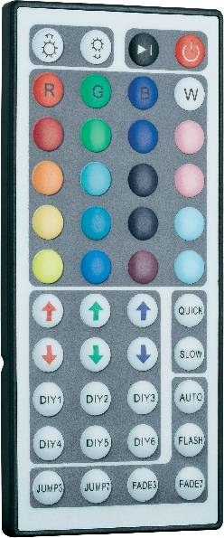 Une télécommande avec des touches colorées. Les touches supérieures pour les couleurs RVB, les touches inférieures pour les modes comme 'RAPIDE', 'LENT', 'DIY1', 'FONDU3'.