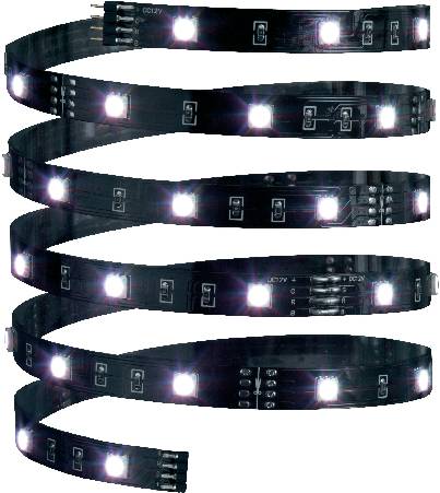 Une barre lumineuse LED flexible avec des points noirs sur chaque diode, représentée dans une disposition en spirale.