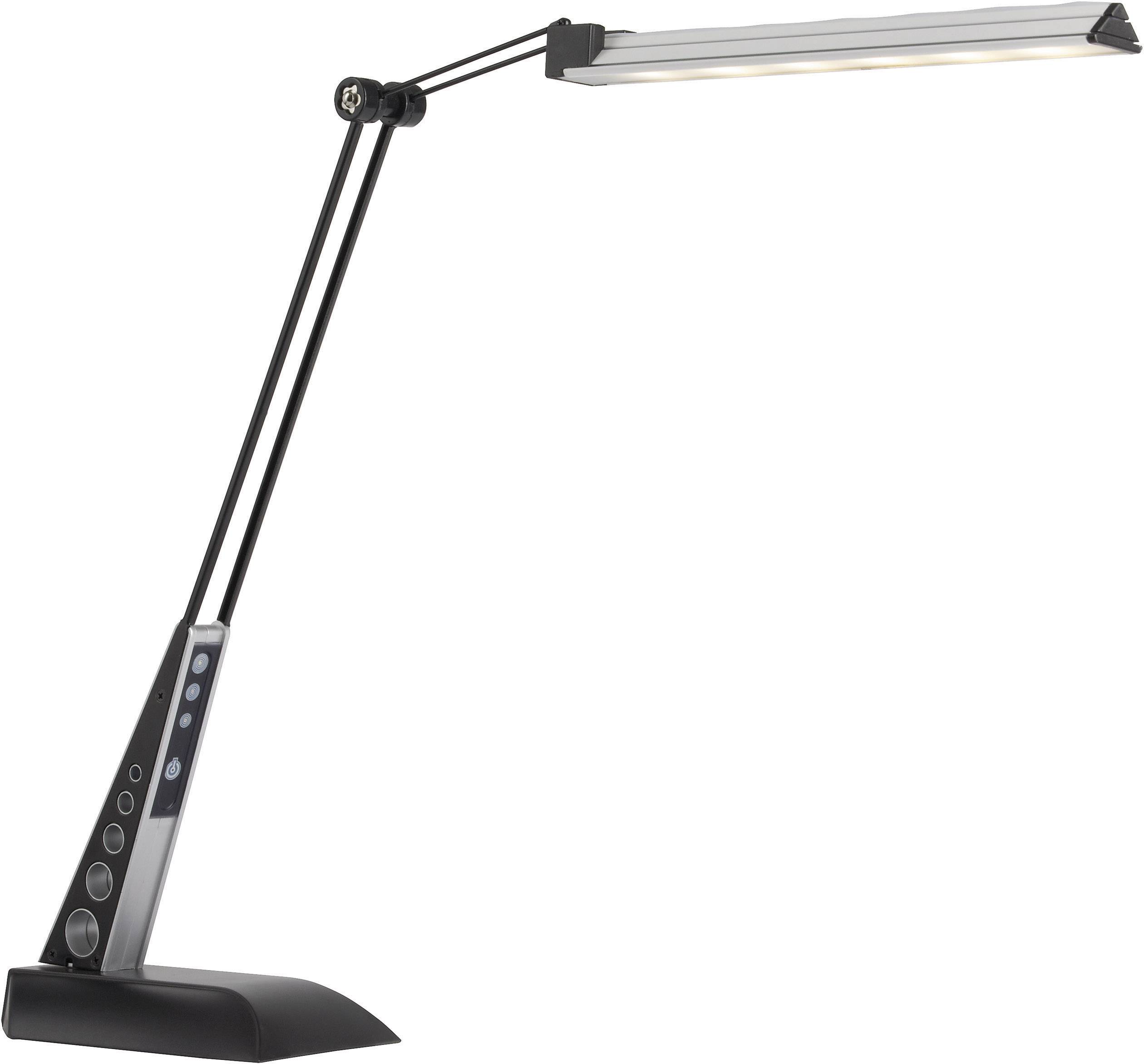 Lampe de bureau noire avec bras articulé et tête LED plate, idéale pour le bureau ou la lecture.