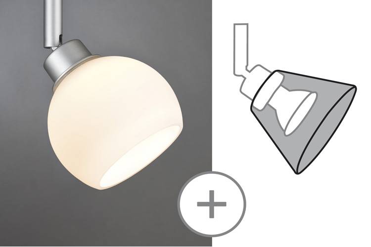 Une lampe sphérique au plafond ; à côté, un schéma représentant la lampe.