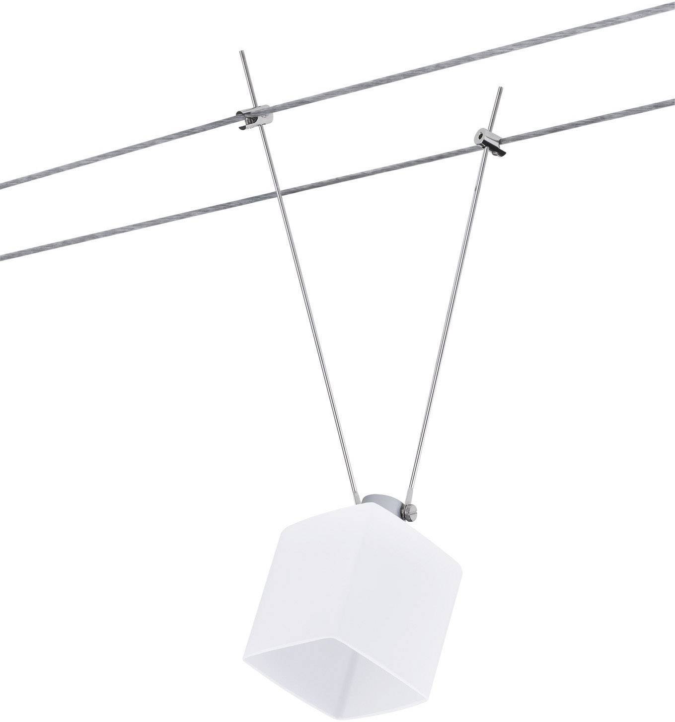 Suspension lumineuse avec abat-jour carré blanc, suspendue par deux câbles parallèles. Design moderne.