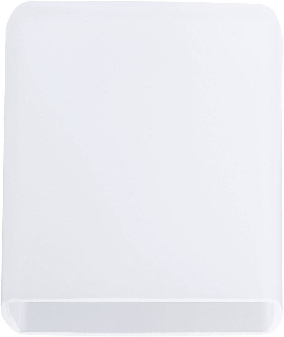 Un distributeur rectangulaire blanc en plastique pour essuie-mains, fixé au mur, avec une étroite ouverture en bas pour le retrait des serviettes.