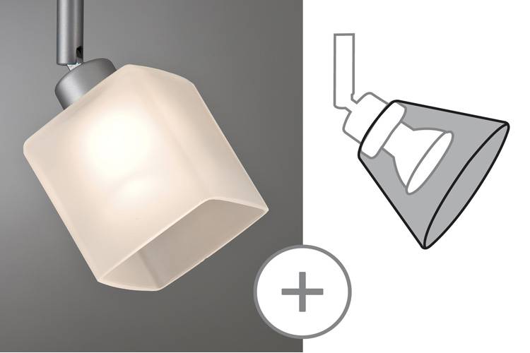 Une lampe de plafond blanche carrée à gauche. À droite, un dessin schématique noir et blanc de la même lampe avec un symbole '+'.
