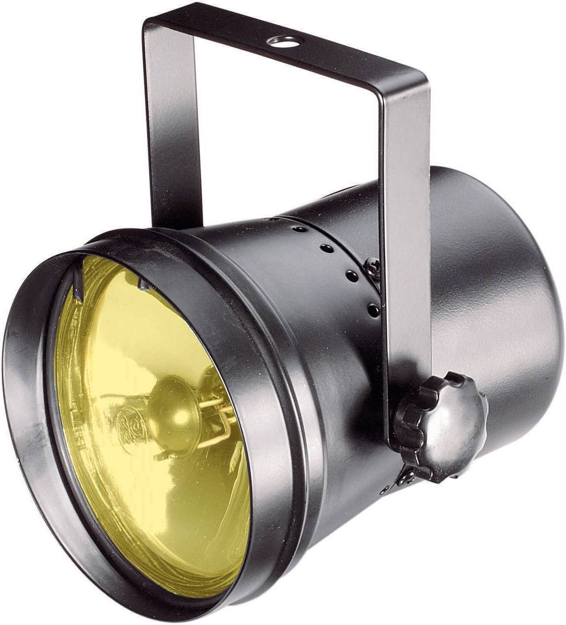 Projecteur de théâtre noir avec verre jaune, utilisé pour l'éclairage de scène.
