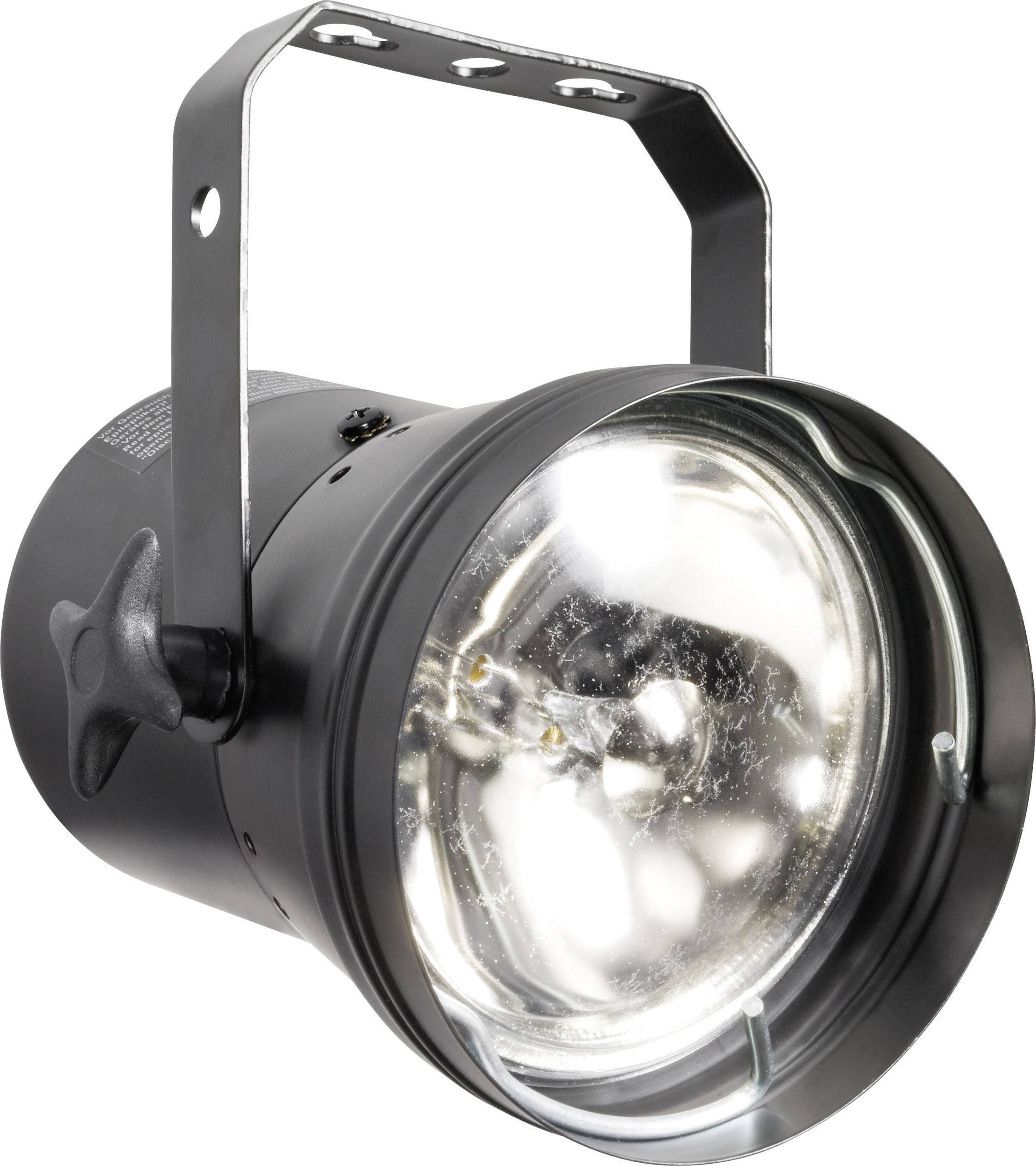 Un projecteur de scène noir avec support, utilisé pour l'éclairage dans les environnements de théâtre ou d'événements.
