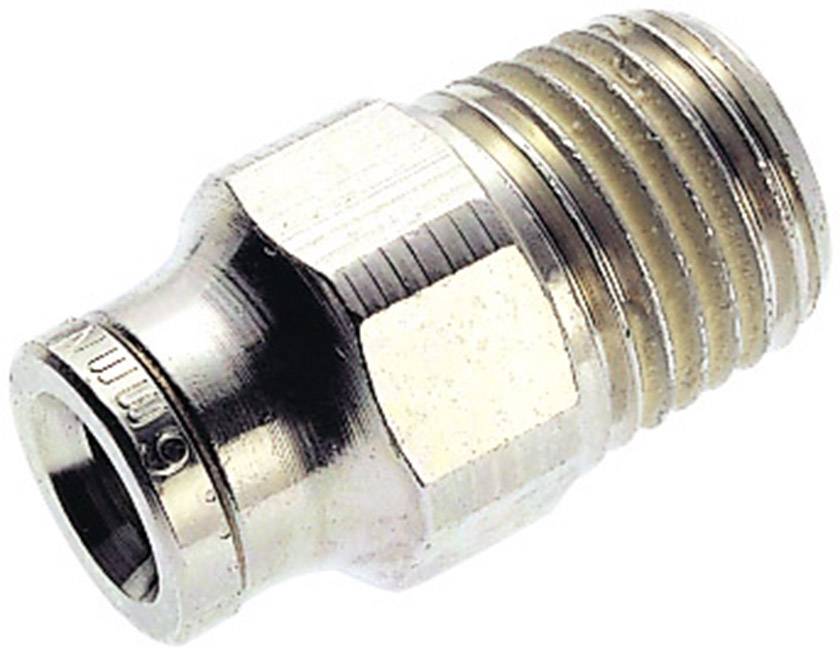 Raccord métallique fileté externe, de forme cylindrique, pour applications hydrauliques ou pneumatiques.