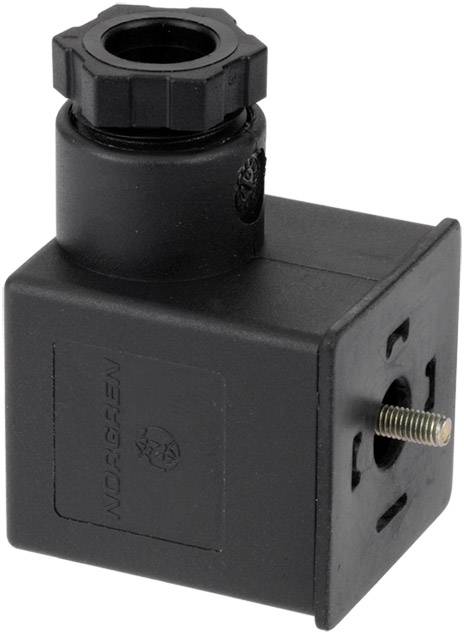 Prise électrique noire avec connexion à vis et forme carrée, probablement destinée à des applications industrielles.