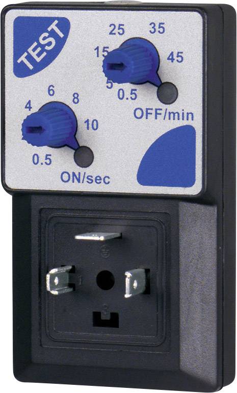 Un dispositif de minuterie avec deux boutons rotatifs bleus pour régler les secondes et les minutes, un bouton 'TEST' en haut à gauche et une prise électrique en bas.