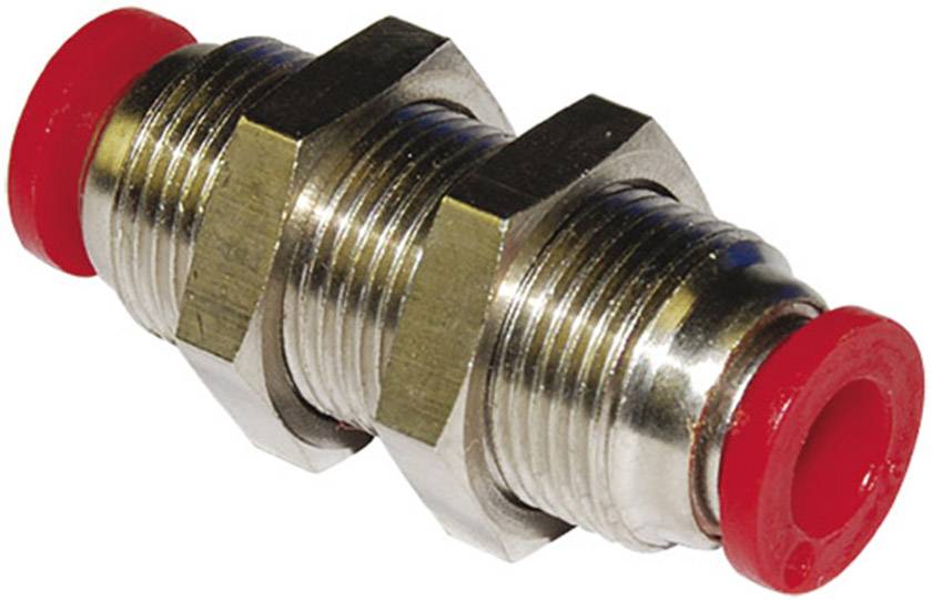 Connecteur pneumatique métallique avec deux capuchons rouges aux extrémités. Relie deux tuyaux pour systèmes à air comprimé.
