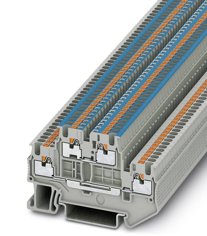 Barrette de bornes multiétagée avec différents raccordements et marquages orange. Utilisée pour les connexions électriques.