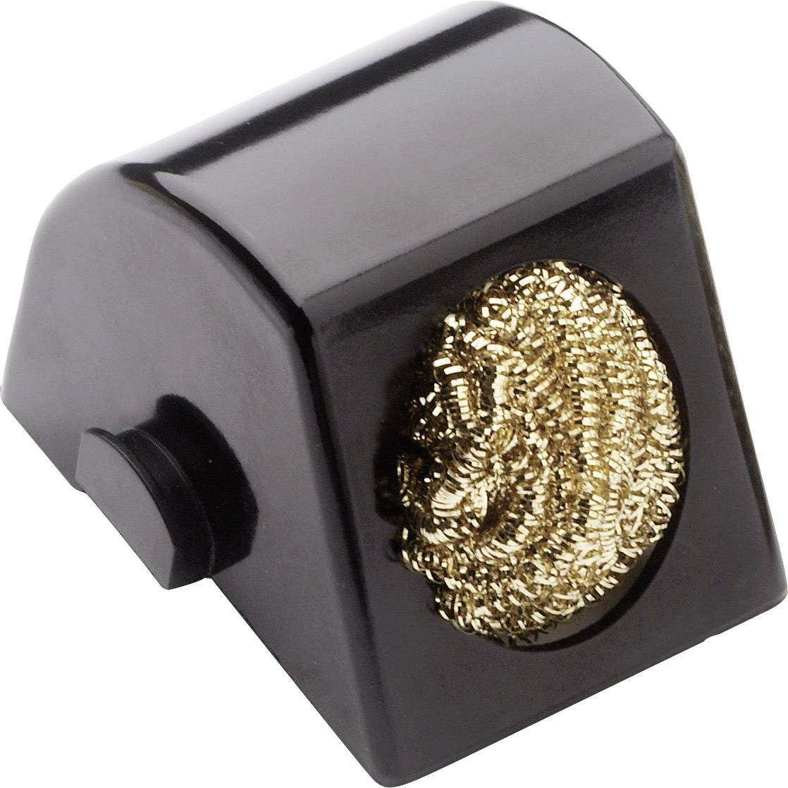 Nettoyant pour fer à souder avec support noir et éponge métallique pour nettoyer les fers à souder.