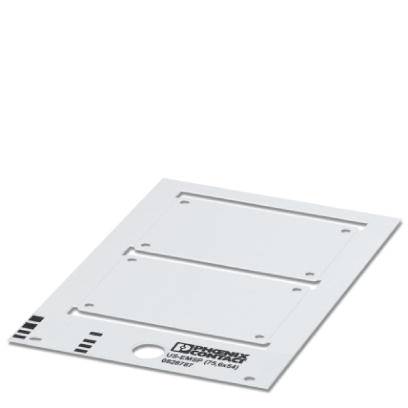 Format d'étiquette industrielle, rectangle blanc avec plusieurs champs marqués et texte noir au bas de l'étiquette.