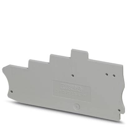 Un cache latéral gris en plastique pour une barrette de jonction de Phoenix Contact. Il sert à protéger et sécuriser le câblage.