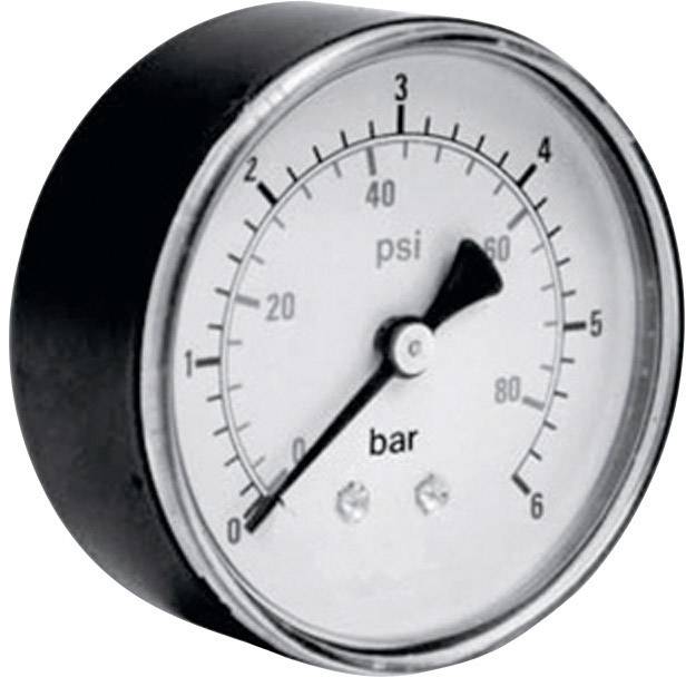 Manomètre rond indiquant de 0 à 10 bars et de 0 à 100 psi. L'aiguille est positionnée sur zéro. Boîtier noir, affichage blanc.