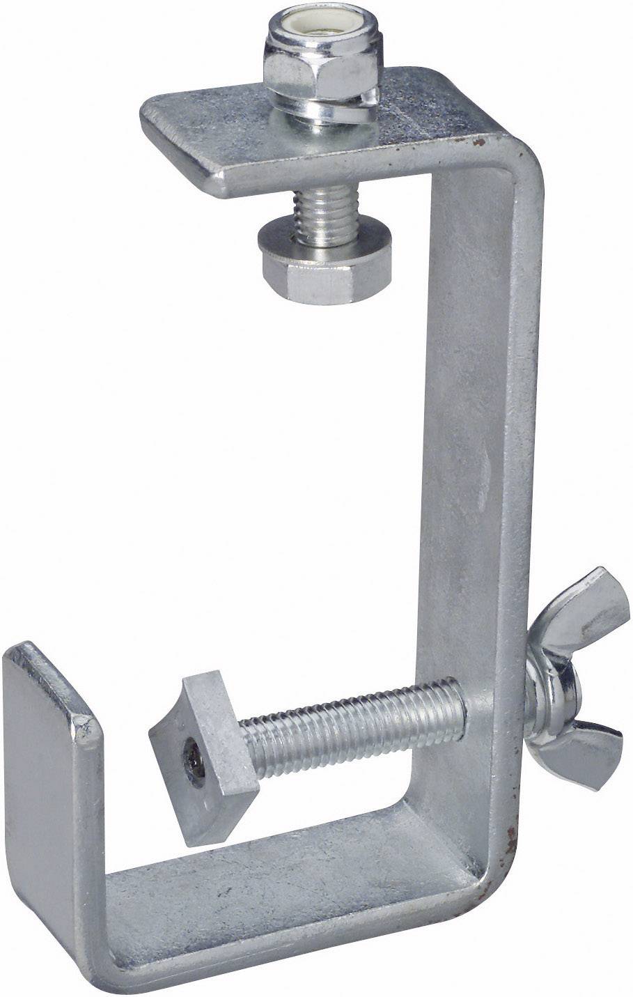 Un serre-joint métallique gris avec deux vis. Le serre-joint a une forme de C et est ouvert aux extrémités.