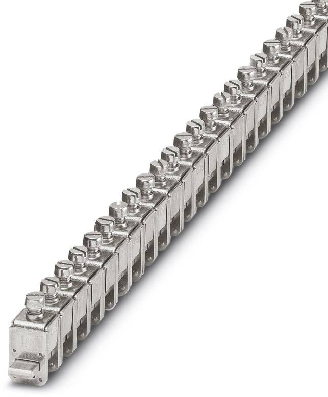 Une barrette de connexion métallique à plusieurs bornes à vis, destinée à la fixation de conducteurs électriques.