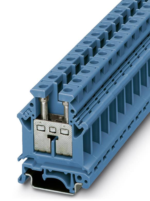 Un bloc de bornes à étages bleu, utilisé pour le raccordement de câbles électriques dans les armoires électriques.