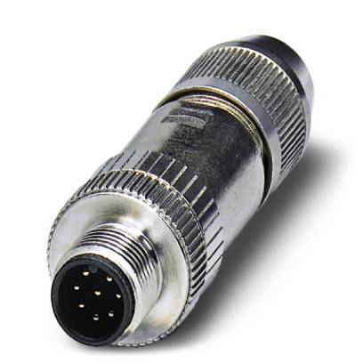 Une fiche argentée, ronde, avec plusieurs broches, couramment utilisée dans les appareils électroniques pour établir une connexion.