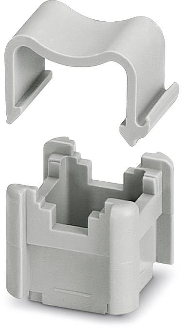 Un connecteur en plastique gris à deux parties, ouvert, avec deux pièces qui s'emboîtent. Adapté pour les connexions électriques.