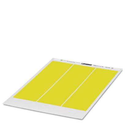 Une feuille avec des étiquettes autocollantes jaunes, divisée uniformément en trois colonnes, sur un fond blanc.