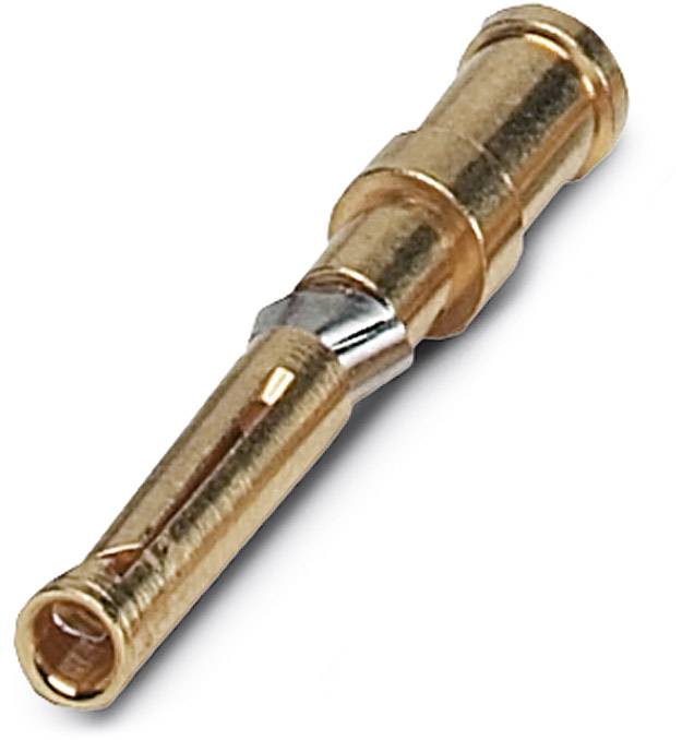 Un connecteur doré, de forme cylindrique avec une extrémité plus étroite, sur fond blanc. Utilisé dans les connexions électriques.