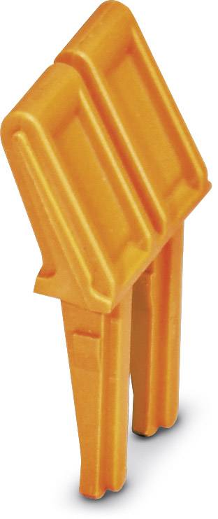 Un élément en plastique orange avec deux broches en forme de L en bas et une tête rectangulaire structurée en haut.