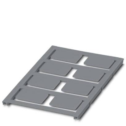 Une pièce rectangulaire en plastique grise avec plusieurs découpes rectangulaires disposées de manière symétrique.