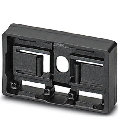 Un cadre en plastique noir rectangulaire avec deux grandes découpes et une petite ouverture ronde au centre.