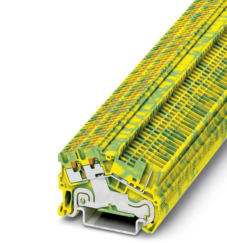 Un module de bornier électrique rectangulaire jaune-vert avec plusieurs points de connexion et un cadre métallique interne.