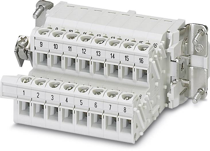 Un bloc de connexion modulaire gris avec 16 points de connexion numérotés, adapté aux applications de câblage électrique.