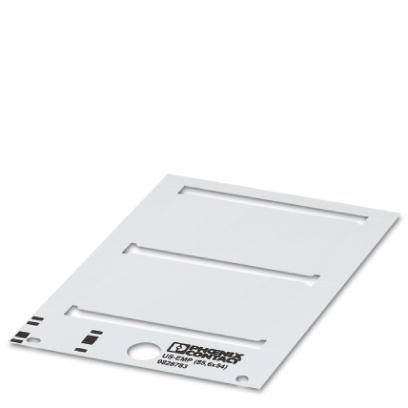 Panneau en plastique blanc avec plusieurs découpes rectangulaires et un trou en bas pour la fixation.