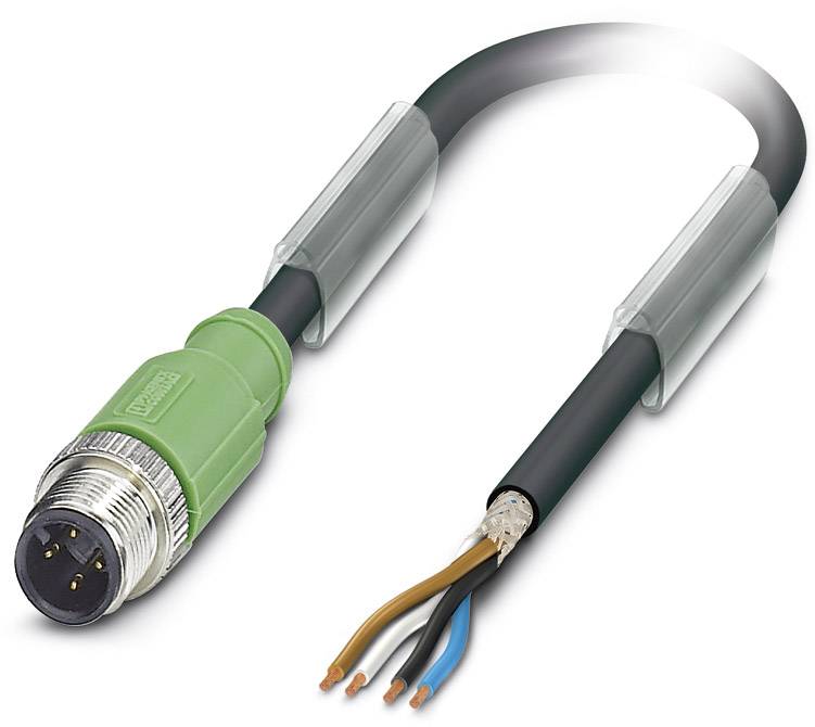 Un câble de connexion vert, rond, à 4 pôles avec une extrémité dénudée, montrant les conducteurs internes en cuivre bleu, marron et noir.