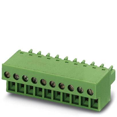 Connecteur rectangulaire vert avec dix bornes à vis pour la connexion électrique de lignes.