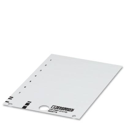 Un champ d'étiquetage blanc avec des lignes numérotées de 1 à 9 et un trou en bas à gauche. Contient un logo et des chiffres.