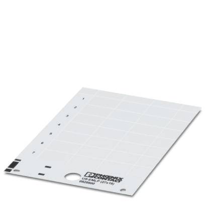 Une feuille de film étiquette blanche avec des étiquettes carrées en grille. Des numéros sont marqués en haut. Le logo 'Esselte' est situé en bas.